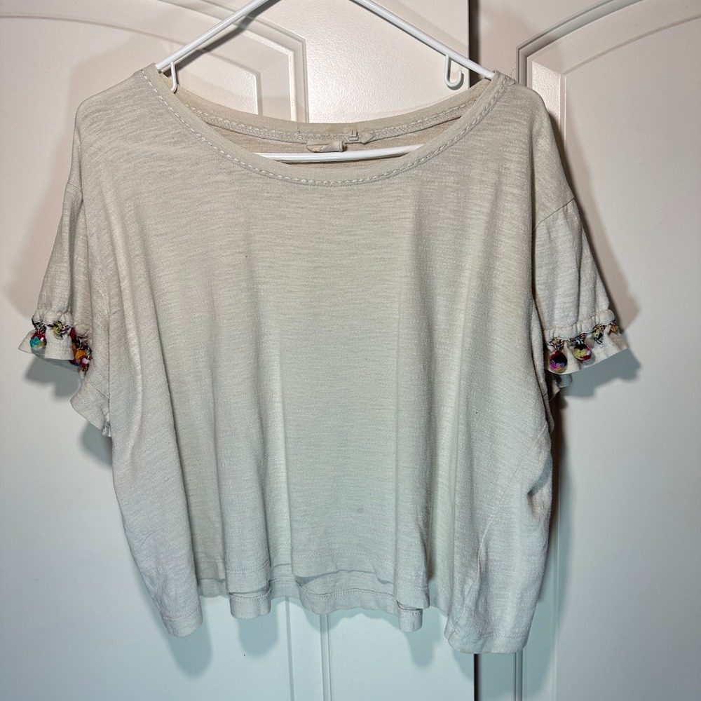 Lilka‎ Womens T Shirt Top Multicolor Pom Pom Sleeve Boho Crop  Medium